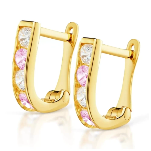 Złote kolczyki Prostokąciki różowe