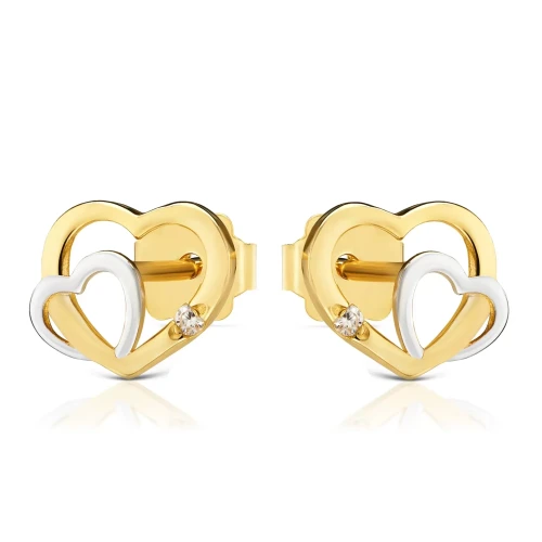 Złote kolczyki podwójne Serduszka z cyrkonią