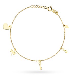 Bransoletka na nogę z elementami serce, ważka, kluczyk, nieskończoność i romb