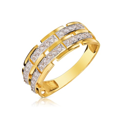 Modny złoty pierścionek szeroka obrączka cyrkonie