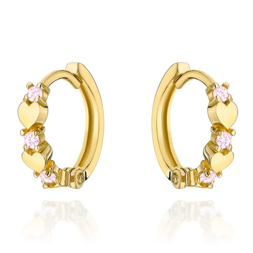 Kolczyki złote serduszka z różowymi cyrkoniami na kreolu