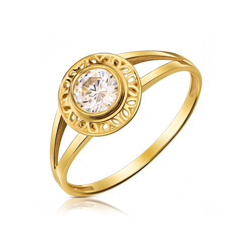 Złoty pierścionek biały kamień ażurowa obwódka