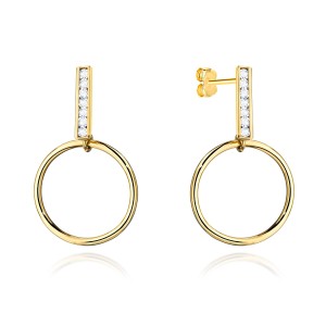 Kolczyki złote kółko zawieszone na pręciku z cyrkoniami