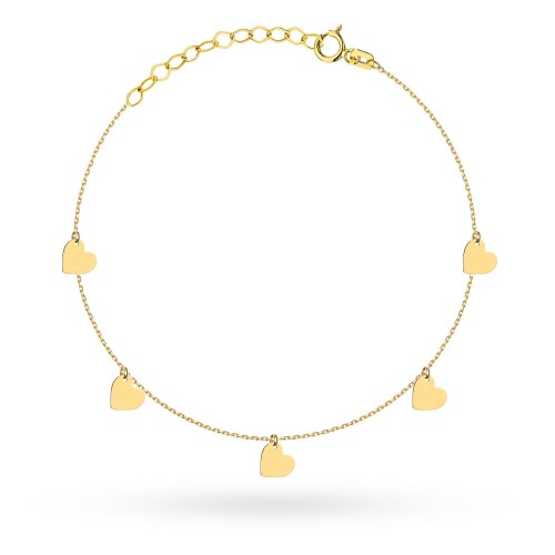Bransoletka pięć pełnych złotych serduszek na nogę