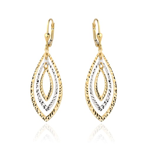 Kolczyki złote listki diamentowane z białym złotem