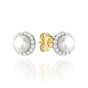 Gold pearl earrings surrounded by zircons