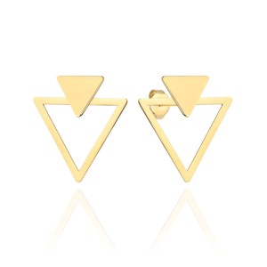Gold double triangle earrings on a stud