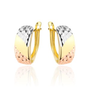 Kolczyki złote prostokąt częściowo diamentowany trzy kolory złota