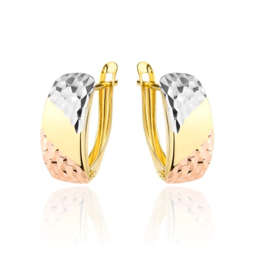 Kolczyki złote prostokąt częściowo diamentowany trzy kolory złota