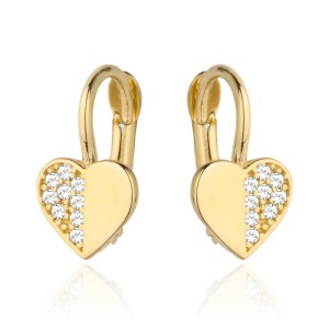 Kolczyki złote serduszko pół gładkie pół z cyrkonii