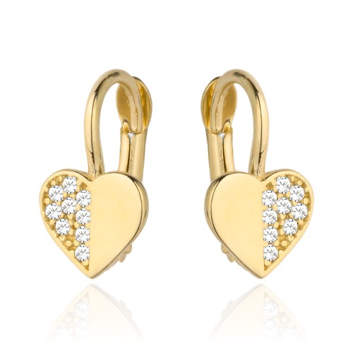 Kolczyki złote serduszko pół gładkie pół z cyrkonii