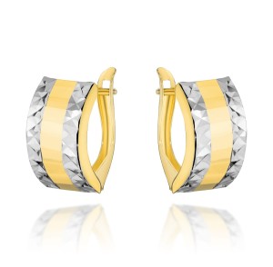 Kolczyki złote szerokie z diamentowaniem w dwóch kolorach złota