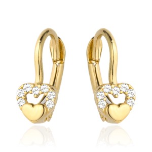 Kolczyki złote wypukłe serduszko w sercu z cyrkonii