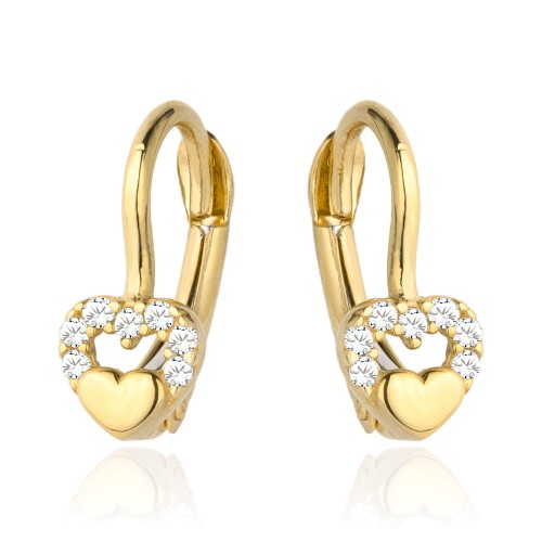 Kolczyki złote wypukłe serduszko w sercu z cyrkonii