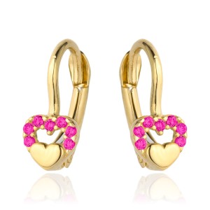 Kolczyki złote wypukłe serduszko w sercu z purpurowych cyrkonii