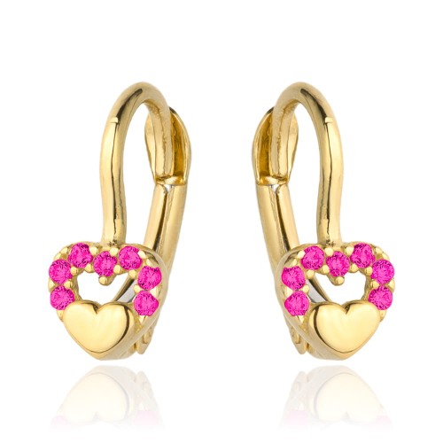 Kolczyki złote wypukłe serduszko w sercu z purpurowych cyrkonii