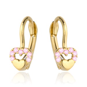 Kolczyki złote wypukłe serduszko w sercu z różowych cyrkonii