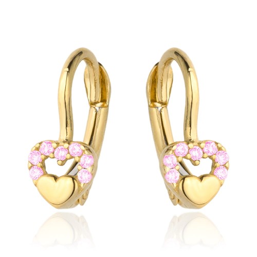 Kolczyki złote wypukłe serduszko w sercu z różowych cyrkonii