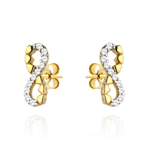 Kolczyki złote znak nieskończoności, cyrkonie i serduszka