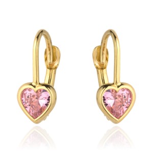 Kolczyki złoty kontur serca i różowy kamień