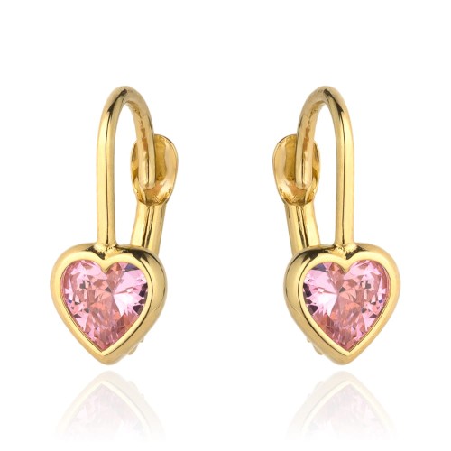 Kolczyki złoty kontur serca i różowy kamień