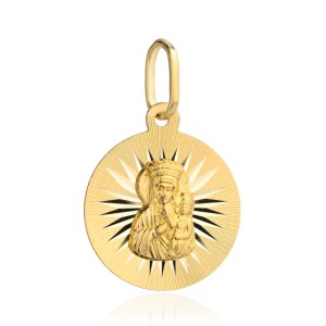 Medalik złoty Matka Boska Częstochowska z promieniami w kole