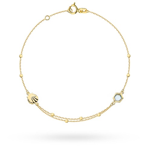 Bransoletka złota z błękitnym kamieniem, muszlą i kulkami party