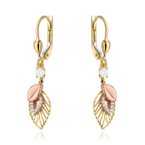 Kolczyki złote listki zdobione cyrkoniami w trzech kolorach złota