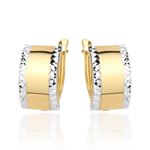 Kolczyki złote szerokie diamentowane na obu brzegach dwa kolory złota