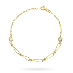 Bransoletka złote połączone kulki i łezka z białego kamienia