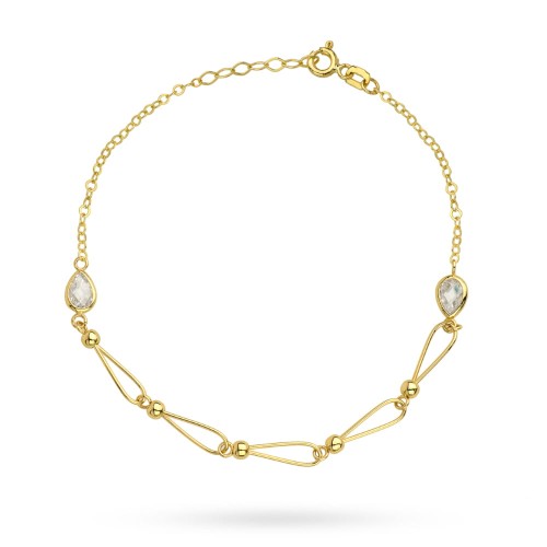 Bransoletka złote połączone kulki i łezka z białego kamienia