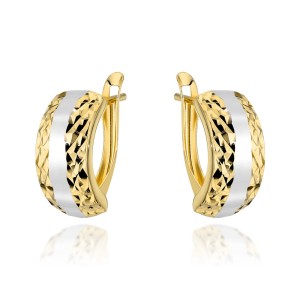 Kolczyki złote z diamentowaniem i białym rodowaniem zaokrąglone