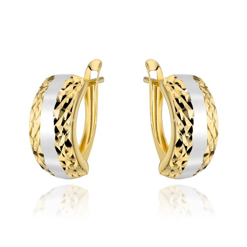 Kolczyki złote z diamentowaniem i białym rodowaniem zaokrąglone