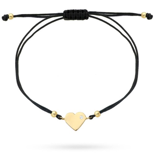 Bransoletka złote serce z cyrkonią na czarnym sznurku