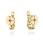 Kolczyki złote czterolistna koniczyna z różową cyrkonią