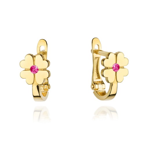 Kolczyki złote czterolistna koniczyna z różową cyrkonią