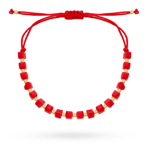 Bransoletka złote diamentowane kulki i czerwone kamienie na sznurku