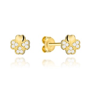 Kolczyki złote koniczynka z cyrkoniami na sztyfcie