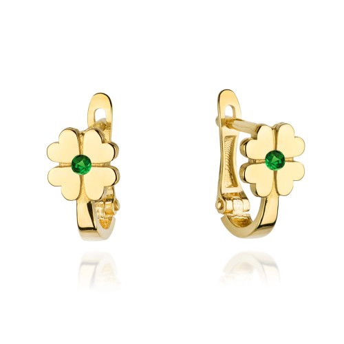 Kolczyki złote czterolistna koniczyna z zieloną cyrkonią