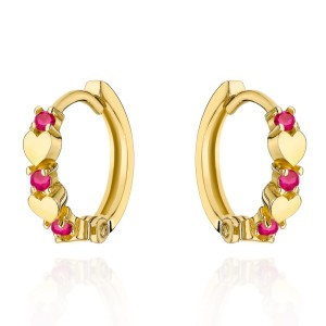 Kolczyki złote serduszka z fuksjowymi cyrkoniami na kreolu