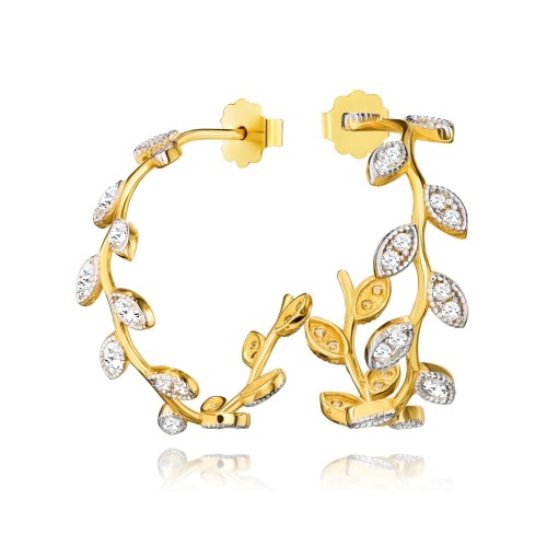 Złote kolczyki koła z listkami białe kamienie