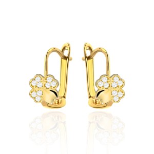 Kolczyki złote koniczynka z cyrkoniami na angielskim zapięciu