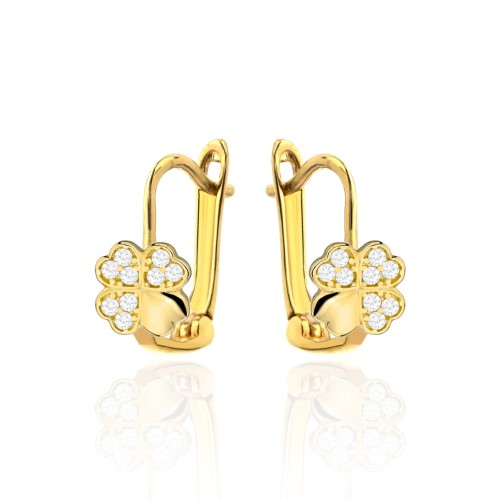 Kolczyki złote koniczynka z cyrkoniami na angielskim zapięciu