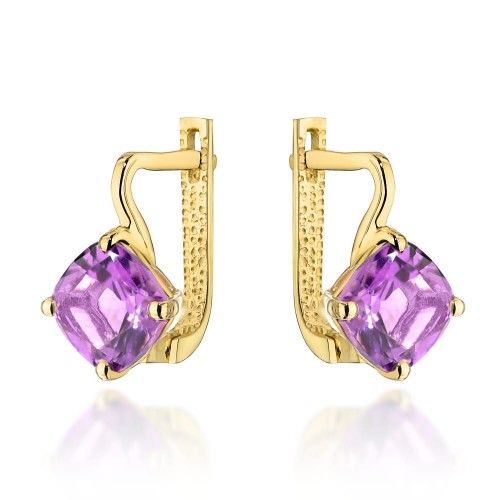 Kolczyki złote z kolekcji "COLORFUL STONE" z eleganckim zapięciem -  ametyst kwadrat