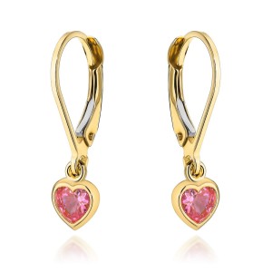 Kolczyki złote z wiszącym różowym sercem