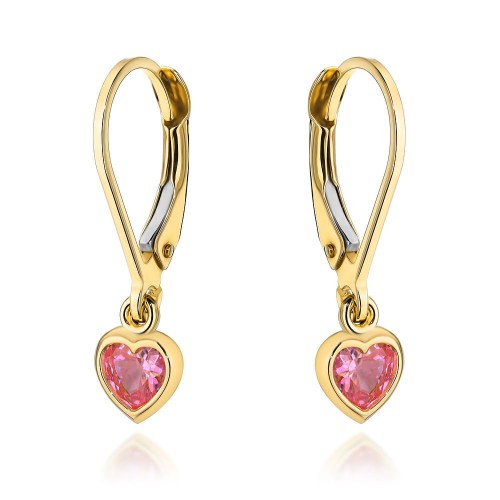 Kolczyki złote z wiszącym różowym sercem