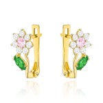 Kolczyki złote kwiatki z różową i zieloną cyrkonią