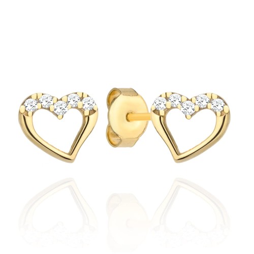 Kolczyki złote serca i cyrkonie na górze