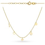 Necklace with a gold key, heart, dragonfly, padlock and solid ring