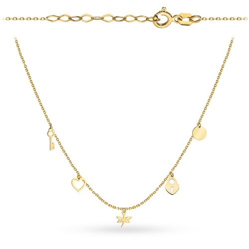 Naszyjnik złoty kluczyk, serce, ważka, kłódka i pełne kółko